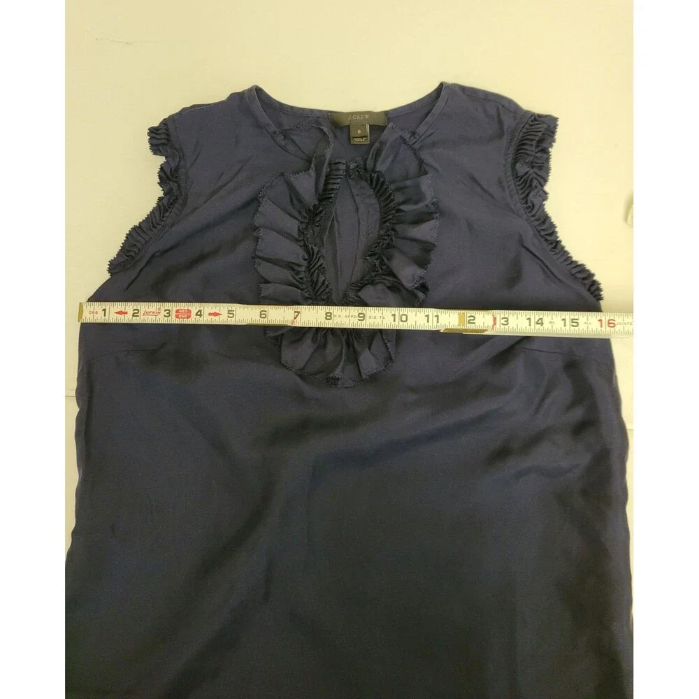 J.CREW Navy Solid Silk Twill V-Neck Ruffle Sleeveless Pullover Blouse 0